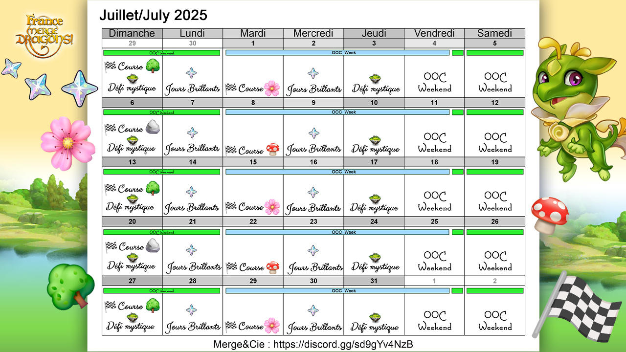 Calendrier des événements de Juillet 2025